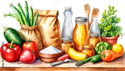 Watercolor art illustration showcasing a bountiful haul of fresh market groceries. Including vibrant vegetables. Pantry staples. And kitchen items. Sticker concept home decor and wall art