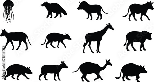 Wild animal silhouette collection vector set including jellyfish, giraffe, and various mammals in black isolated shapes for wildlife design