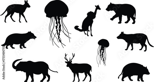 Wild animal silhouette collection vector set featuring elephant, deer, jellyfish, giraffe, and other mammals in black wildlife design