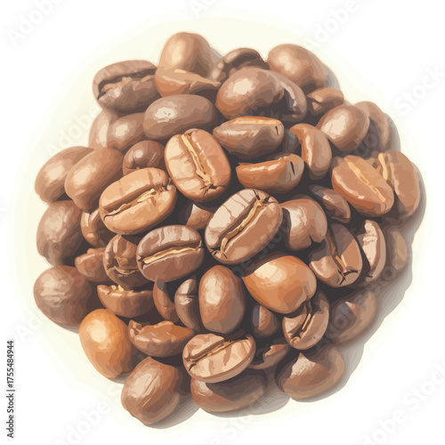 Close up pile of roasted coffee beans on a white background