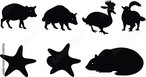Wild animal and sea star silhouette vector collection featuring mammals and birds for wildlife, nature, and design illustration projects