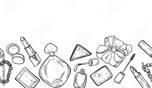 Makeup products and fragrance repeating background black white vector. Mascara, eyeshadow palettes, jewelry accessories and ribbon gift boxes line art. Cosmetics outline hand drawn on seamless border.