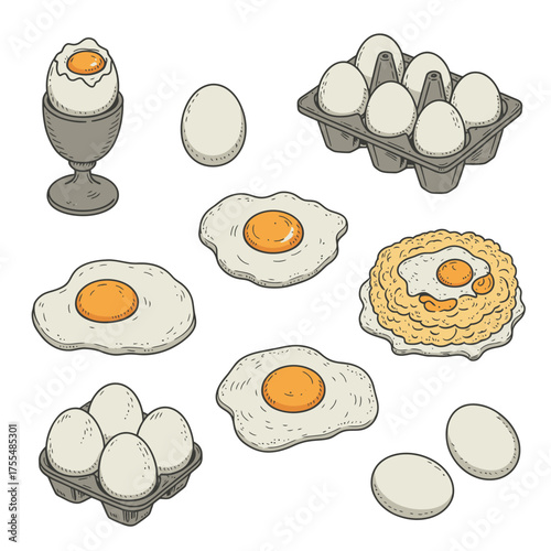 Collection of various egg preparations including fried eggs and boiled eggs