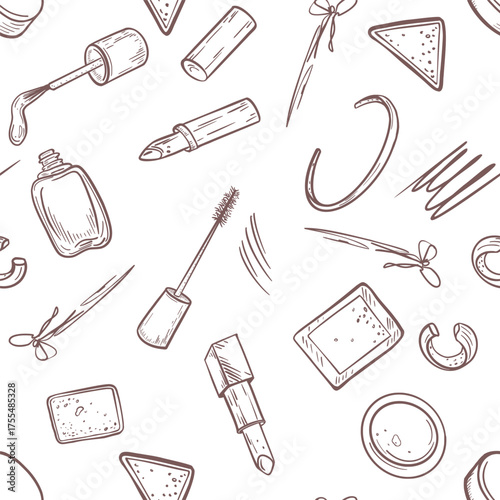 Makeup and Jewelry vector Seamless Pattern Black White. Hand drawn repeat with outline mascara, blush, lipstick and bracelets in linear art. Monochrome print for cosmetic branding, packaging.