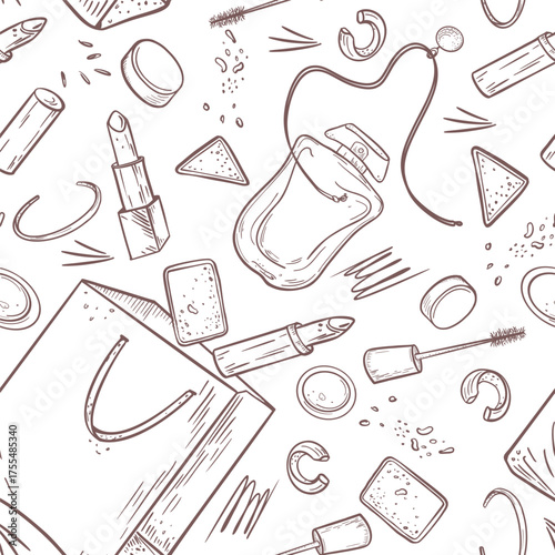 Different Cosmetics vector monochrome outline seamless pattern. Drawing line art shopping bags, mascara, lipsticks and makeup palette on endless background. Pattern for makeup packaging, beauty blog.