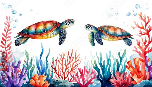 Two colorful sea turtles gracefully navigating a vivid underwater landscape, surrounded by diverse corals and aquatic plants, watercolor art sticker concept home decor and wall art