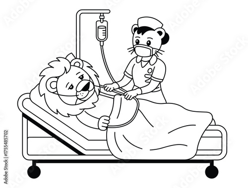 Wallpaper Mural Cartoon lion patient in a hospital bed receiving an IV drip from a cat nurse wearing a mask and cap Torontodigital.ca
