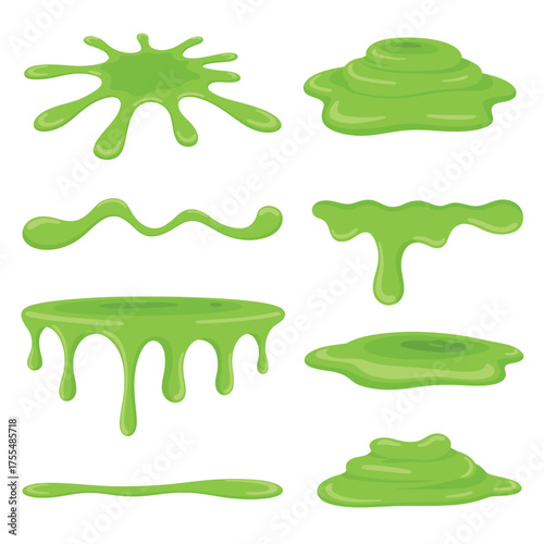 Collection of various green slime splashes and drips isolated on white background