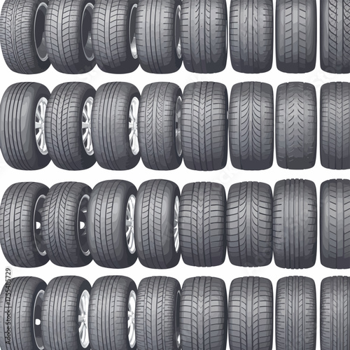 Collection of new car tires lined up in rows for sale