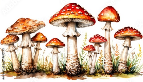 Watercolor fly agaric mushrooms in various sizes and shapes, growing in grass against a white background, creating a whimsical nature art design sticker concept home decor and wall art