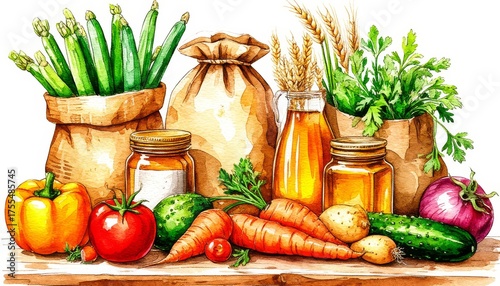 Freshly harvested produce and pantry staples composition, healthy eating, organic food, and traditional market concepts on a white background watercolor art sticker concept home decor and wall art