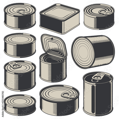 Collection of various canned food containers and tins