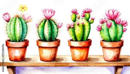 Watercolor cactus collection featuring green succulent plants with pink flowers in terracotta pots, arranged on a rustic wooden shelf, a versatile sticker design element home decor and wall art