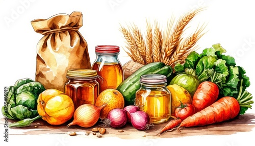 Fresh farm produce illustration featuring assorted vegetables, grains, and kitchen staples, depicting concepts of healthy eating, organic food, watercolor art sticker concept home decor and wall art