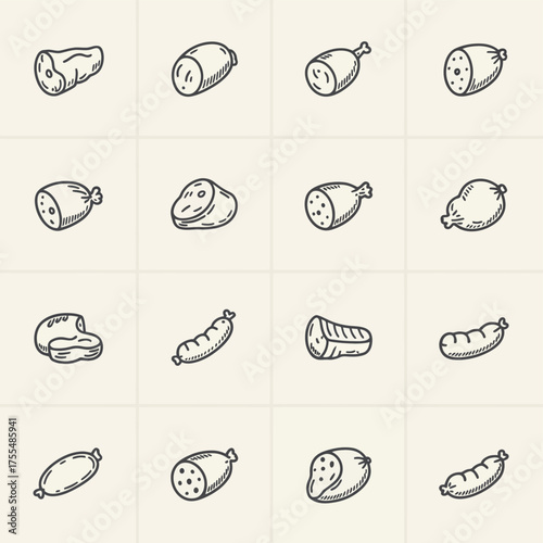 Hand drawn sketch collection of various meat cuts and sausages