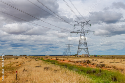 Power line towers over the landscape in the Riverina countryside