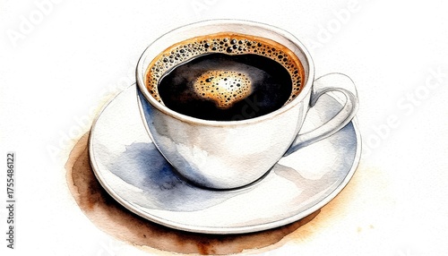 Hot morning coffee in white ceramic cup with rich crema, a hand painted watercolor illustration creating a fresh sticker concept or beverage background home decor and wall art
