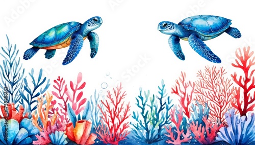 Two sea turtles swimming gracefully above a vibrant coral reef, watercolor illustration capturing marine life and ocean ecosystem on a clean white background sticker concept home decor and wall art