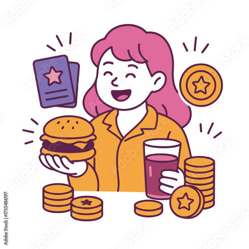 Woman eating crisps and soda, fast junk food, unhealthy fat snacks. Hungry addiction character and gluttony, bad eating habit.