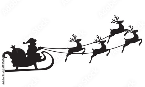 Silhouette of Santa Claus riding sleigh with reindeer. Black silhouette of Santa Claus flying in a sleigh pulled by reindeer, symbolizing Christmas night and holiday traditions. vector illustration.

