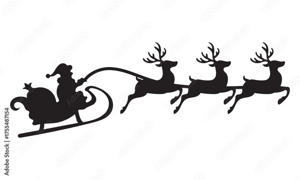 Obraz premium Silhouette of Santa Claus riding sleigh with reindeer. Black silhouette of Santa Claus flying in a sleigh pulled by reindeer, symbolizing Christmas night and holiday traditions. vector illustration.
