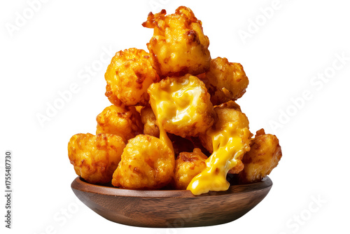 Deep-fried cheese curds balls served in wooden bowl, isolated on white transparent background. Concept of United States traditional dishes snack food