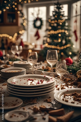 a messy kitchen after Christmas dinner — dirty dishes, smeared wine glasses, crumbs, and festive lights. 