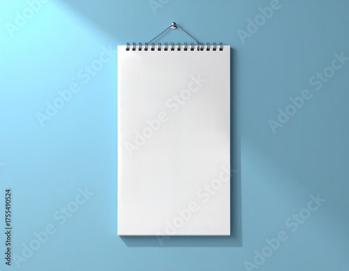 Wall Calendar Mockup with Spiral Binding Hanging on Blue Wall. Generated image