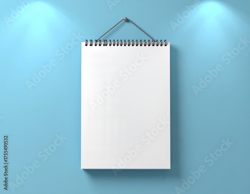 Wall Calendar Mockup with Spiral Binding Hanging on Blue Wall. Generated image