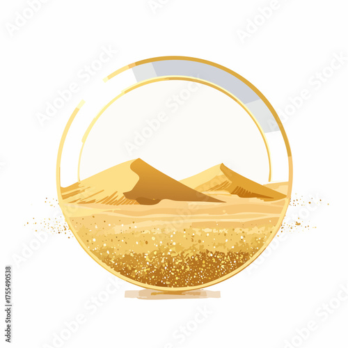 Desert scene illustration golden dunes within an ornamental circular frame