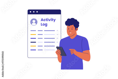 Illustration of Activity Log and User History Monitoring. Person Checking Their Account Activity and Digital Footprint on a Smartphone