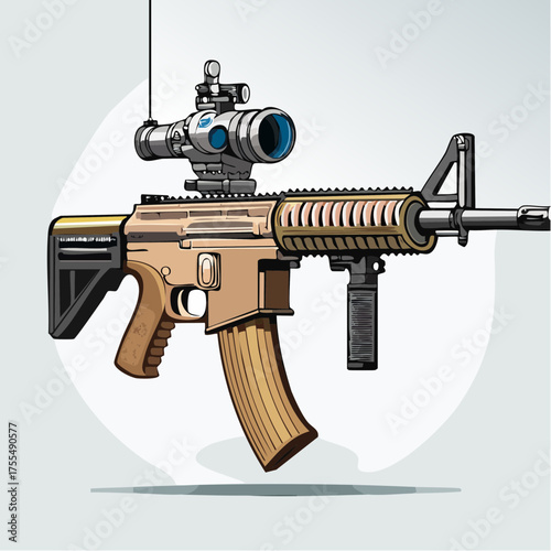 Detailed illustration of an assault rifle with scope and magazine isolated
