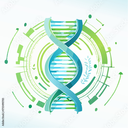 Dna strand illustration with digital technology elements on white background
