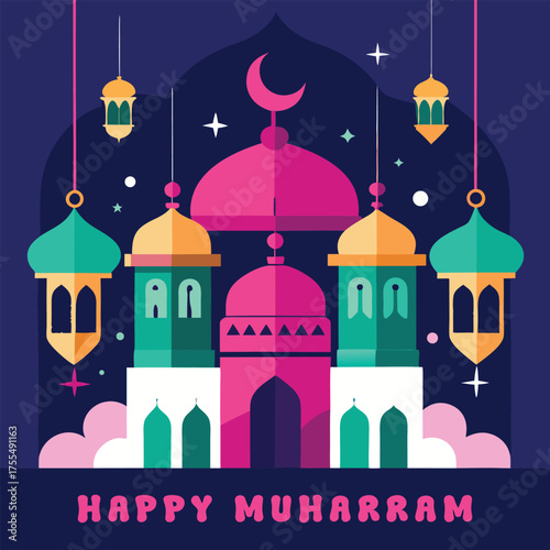 Vibrant islamic mosque with traditional lanterns and crescent moon illuminated against a starry night sky celebrating the auspicious occasion of happy muharram