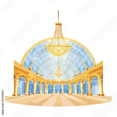Elegant ballroom interior illustration with chandelier and large windows