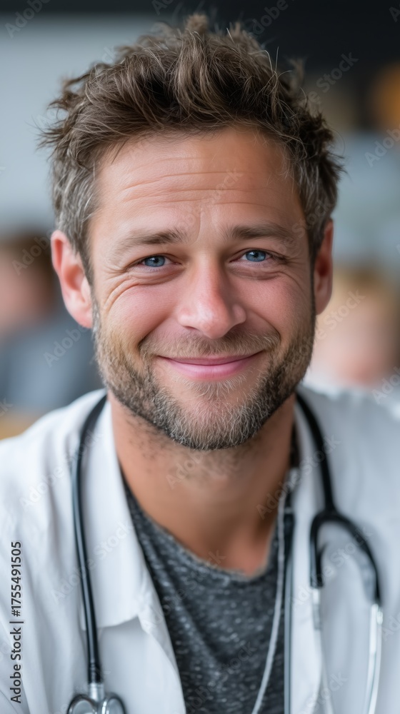 Fototapeta premium A smiling male doctor with a stethoscope around his neck