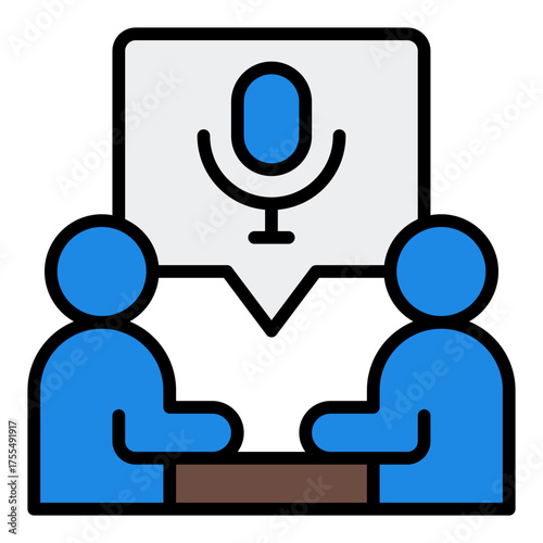 Podcast interview icon. Guest discussion and recorded talk concept. Audio content and voice conversation illustration. Filled Line Icon