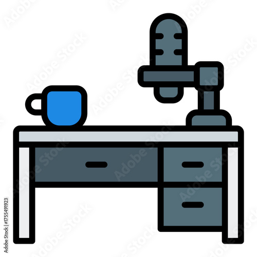 Podcast setup icon. Studio arrangement and recording equipment concept. Audio creation and podcast preparation illustration. Filled Line Icon