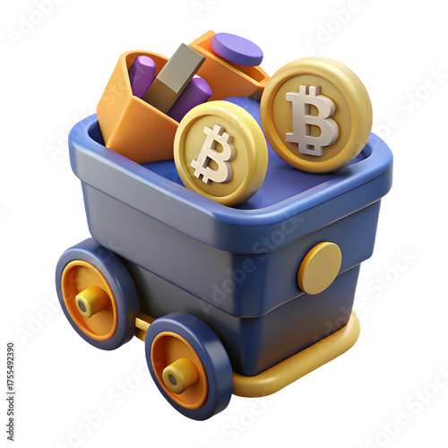 3d rendered icon of a mining cart filled with bitcoin coins and resources for mining