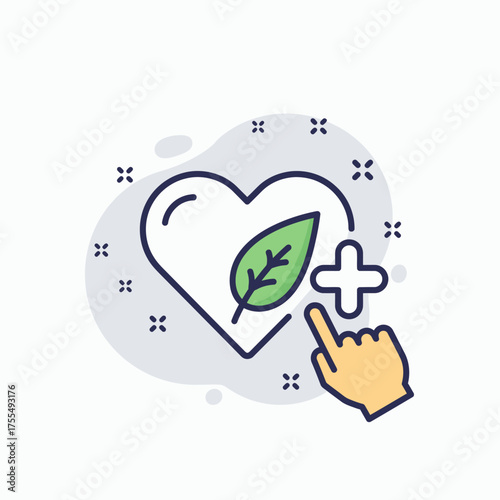 A conceptual icon representing the choice for a healthy, natural, and eco-friendly lifestyle, featuring a heart with a leaf and a hand adding a positive choice