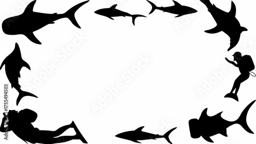 Diver surrounded by sharks underwater, an ocean adventure scene with marine life silhouettes and free space