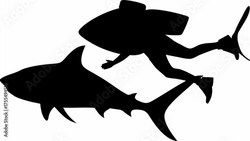 Diver exploring ocean depths alongside shark, adventurous sea life encounter silhouette graphic