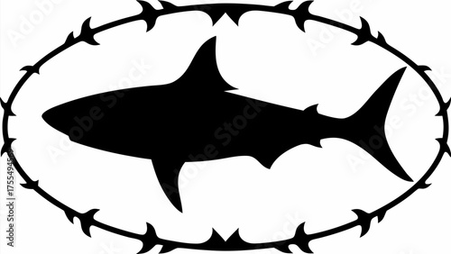 Shark silhouette enclosed within a stylized barbed wire oval, conveying strength and danger in clean modern lines