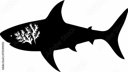 Striking shark silhouette with coral reef detail, oceanic wildlife emblem for conservation awareness