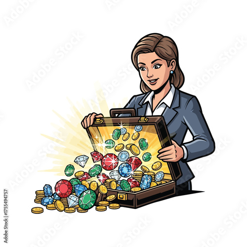 Successful businesswoman discovers treasure trove of jewels and gold coins in briefcase, financial success and riches concept, opportunity and wealth