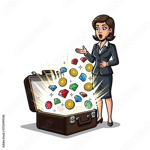 Surprised businesswoman discovers a treasure trove of gems and gold coins in her briefcase, representing wealth, success, and financial opportunities