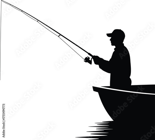 Vector art of fisherman in boat casting fishing rod