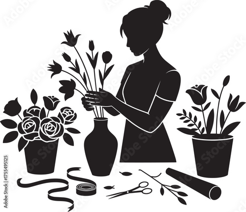 Woman florist arranging flowers in vase, floral shop worker silhouette preparing bouquets