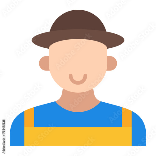 Farmer with hat icon. Agriculture worker and crop caretaker concept. Farm management and irrigation supervision illustration. Flat Icon
