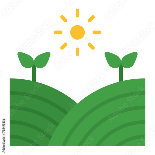 Farm field icon. Agricultural landscape and cultivation area concept. Irrigation system and crop management illustration. Flat Icon